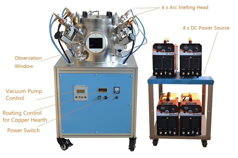 4 Heads Vacuum Arc Melting System with Rotating Water Cold Copper Hearth - AM-400