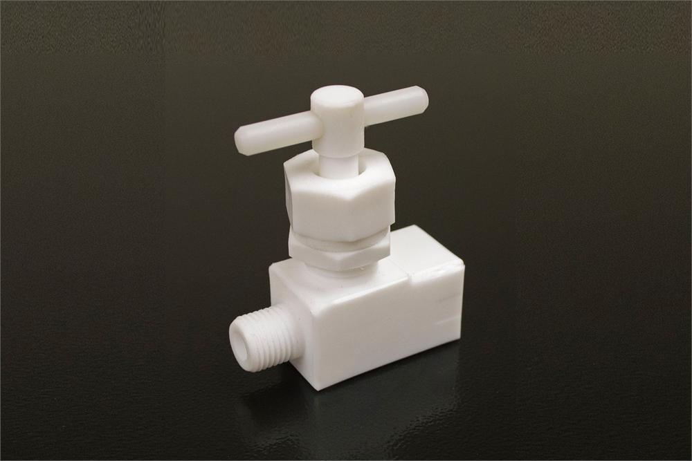 Polyfluortetraethylene (PTFE) Needle Valve with 1/4" BSP Male & Female Fittings - EQ-NV-14BSP-MF-PTFE