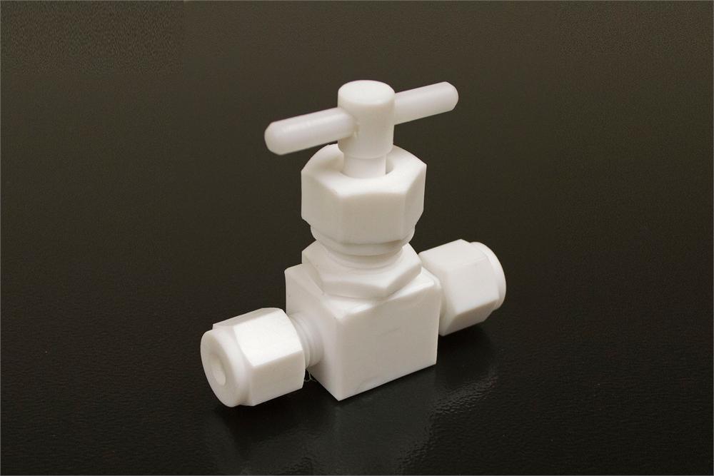 Polyfluortetraethylene (PTFE) Needle Valve with Two 1/4" Tube Fittings - EQ-NV-TWSW-PTFE