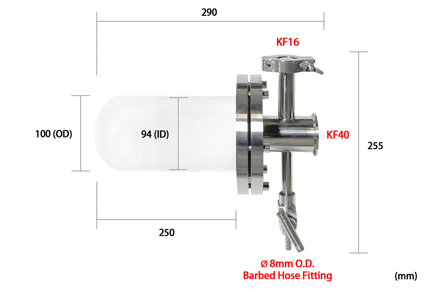 One-end Open Quartz Tube (100x94x250 mm) w/ Compression Flange for High Vacuum - CFF-100