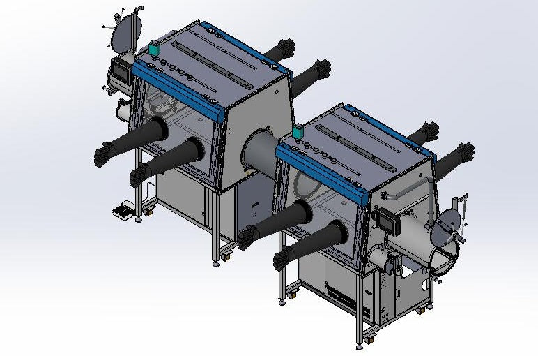 Integrated Dual Glovebox with 8 gloves and Central Transfer
