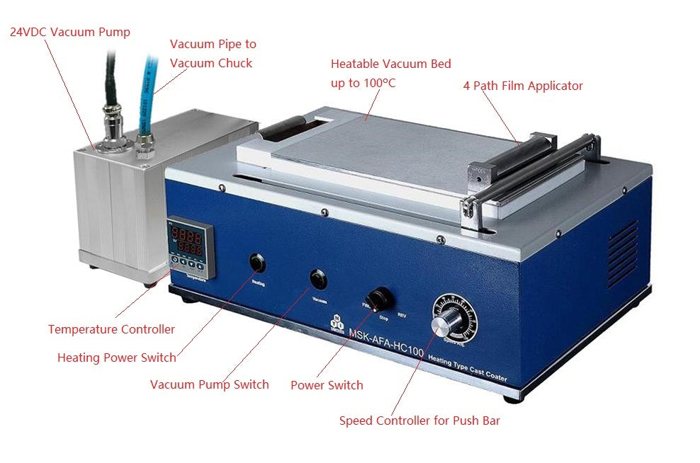 Mini Tape Casting Coater w/ Heat-able Vacuum Bed ( 130Wx200L mm, 100C Max) & Vacuum Pump.- MSK-AFA-HC100