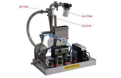 Jet Mill (50 - 500 g/ hr) in Glovebox w/ Purification System - MSK-JB-500-LD