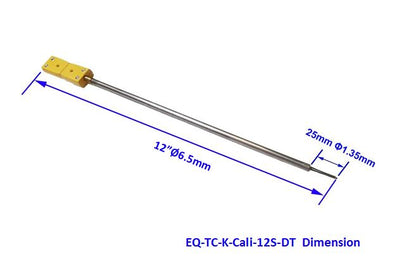 Thermocouple: K type 1/4"OD x 12" L with Exposed Head and Male Plug for Faster Response - EQ-TC-K-Cali-12S-DT-LD