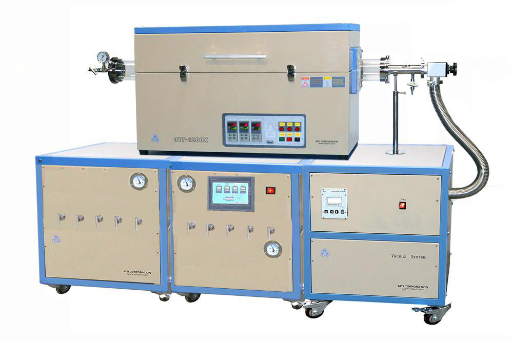 Three Zones Tube Furnace (4") with Vacuum Pump (1.0E-4 torr) + 9 Channel Digital Gas Flow-meters for CVD - OTF-1200X-4-III-9HV