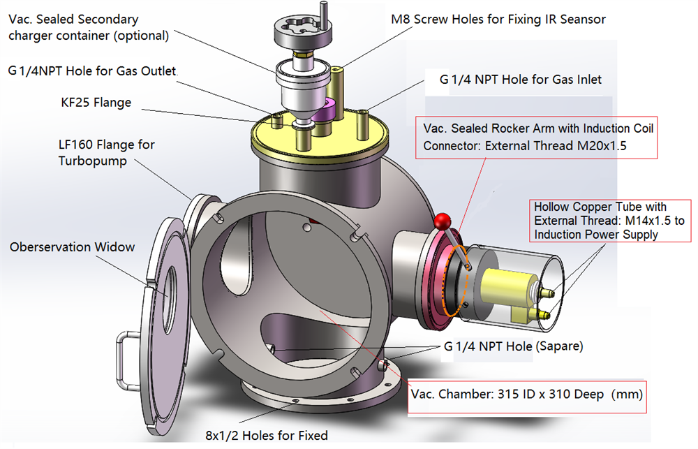 Vacuum Chamber (315 ID x 310L, mm ) with Rocker Arm for DIY Induction Melting / Casting - HVC-Cast